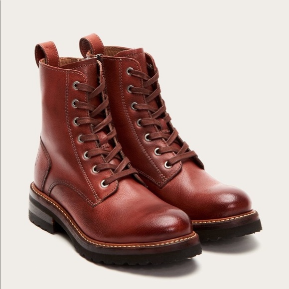 Frye Shoes - Frye Combat Boots - Ella Moto Lace - Redwood